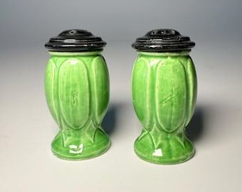 Vintage Green and Black Ceramic Salt & Pepper Shaker Set- Retro Mid Century Table and Kitchen Decor- Avocado Lime Green
