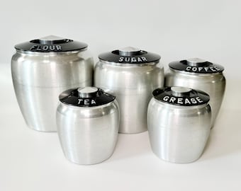 Vintage 1950s Kromex Spun Aluminum Canisters w/ Black Lids- Sold Individually- Flour, Sugar, Tea, Coffee or Grease w/ Strainer- Beehive