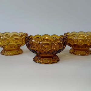 Vintage LE Smith Amber Glass Moon & Stars Candy Compotes or Dessert/Fruit Bowls- Set of 3- Small Pedestal Dish- 1960s MCM- Collector Gift