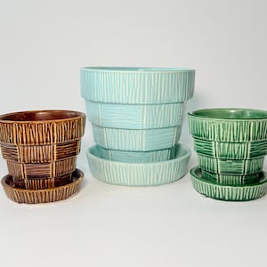 Vintage 1950s McCoy Pottery Basketweave Planter with Attached Saucer- Choice of 5" Aqua Blue, 3" Green or 3" Brown- Collector Gift