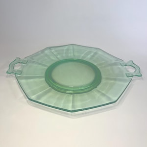 Vintage Imperial Glass Molly Green Handled Cake Plate- Depression Glass Serving Tray- Collectible Uranium Glass- Mint Green- Glowing Glass