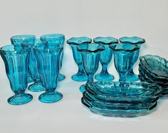 Vintage Anchor Hocking Turquoise Blue Glass Fountainware- Choice Set of Soda/Milkshake Glasses, Sundae Glasses or Banana Split Dish- Teal