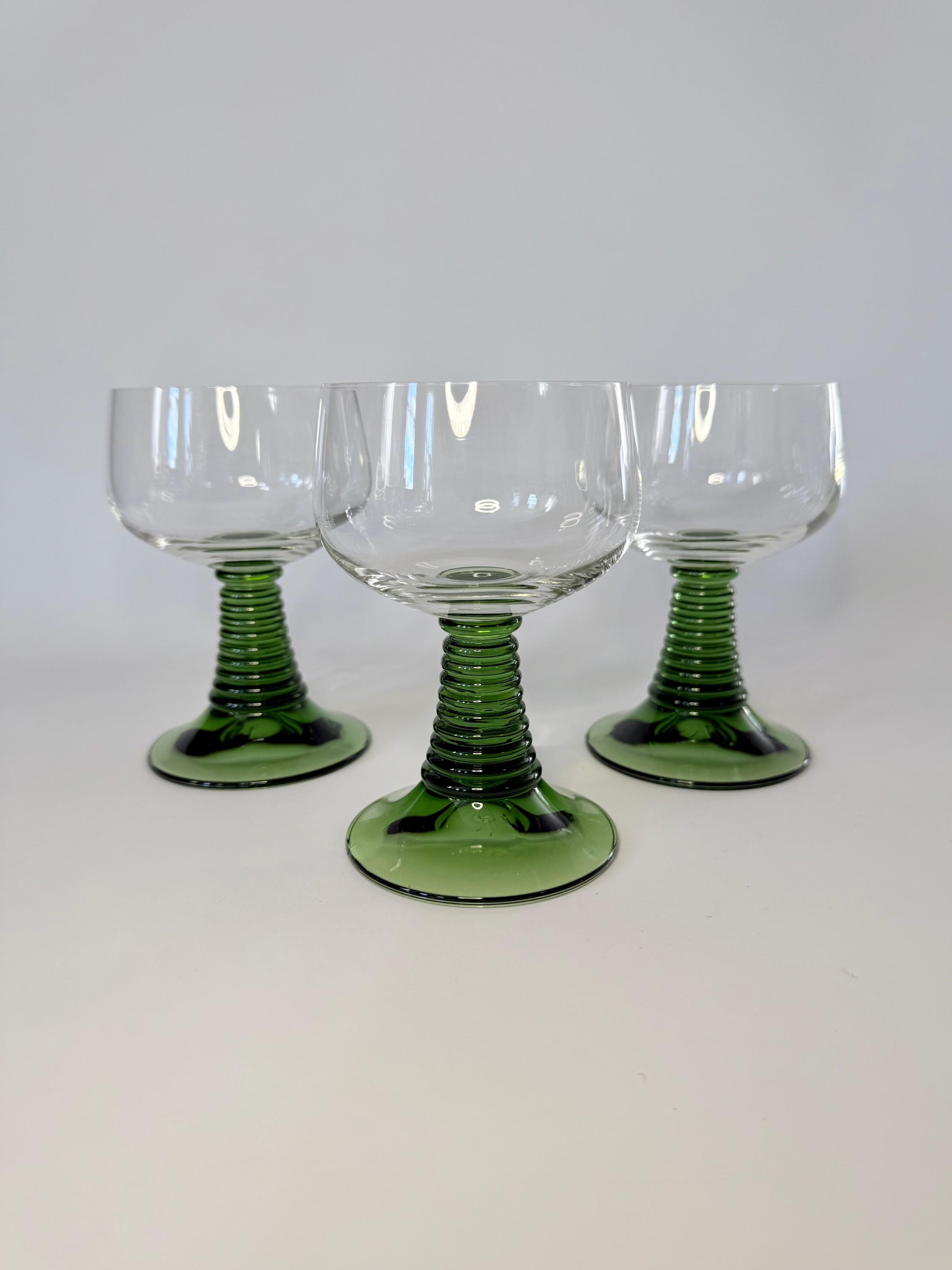 Vintage 1970s Roemer Green Beehive Crystal Wine Glasses- Set of 3- By Cristal D'Arques-Durand- French Hand Blown Olive Green- Ribbed Base