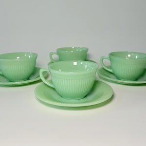 Vintage 1950s Anchor Hocking &quot;Jane Ray&quot; Jadeite Fire King Cup & Saucer- 4 Sets Total- Mint Green Milk Glass- Retro Kitchen Decor- Collector