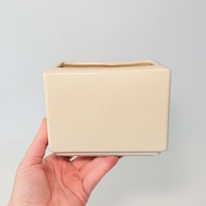 May include: A rectangular, cream-colored ceramic planter. The planter has a square opening at the top and a slightly raised base. The smooth, matte finish gives it a minimalist aesthetic. The planter is held by a hand.