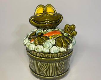 Vintage 1960s Ceramic Frog in Wash Tub Cookie Jar- Hand Painted- Bubble Bath- Kitschy Kitchen Decor- Frog Lover Gift- Rare Collector Gift