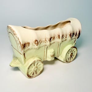 Vintage 1950s Old West Covered Wagon Ceramic Planter- White, Brown & Green Conestoga- Mid Century Western Decor- Collector Gift
