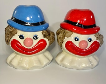 Vintage Ceramic Clown Head Coin Bank- Blue or Red Hat- Large Savings Bank- Kitschy Circus Decor- Made in Taiwan- Funny Clown Lover Gift