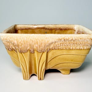 May include: A rectangular, ceramic planter with a unique design. The planter features a light yellow base with a textured, dripped glaze in shades of brown and cream around the rim. The planter has three feet and a decorative, vertical design on the sides.