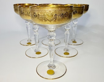 Vintage Glastonbury-Lotus Goldenrod 22k Gold Champagne Glasses- Set of 4- Wide Gold Band w/ Floral & Greek Key Design- Rare MCM Stemware