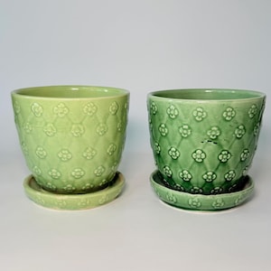 Vintage 1950s Shawnee Pottery 5" Green Flower Diamond Pot with Attached Saucer #455- Choice Color- Mid Century Pottery Collector Gift