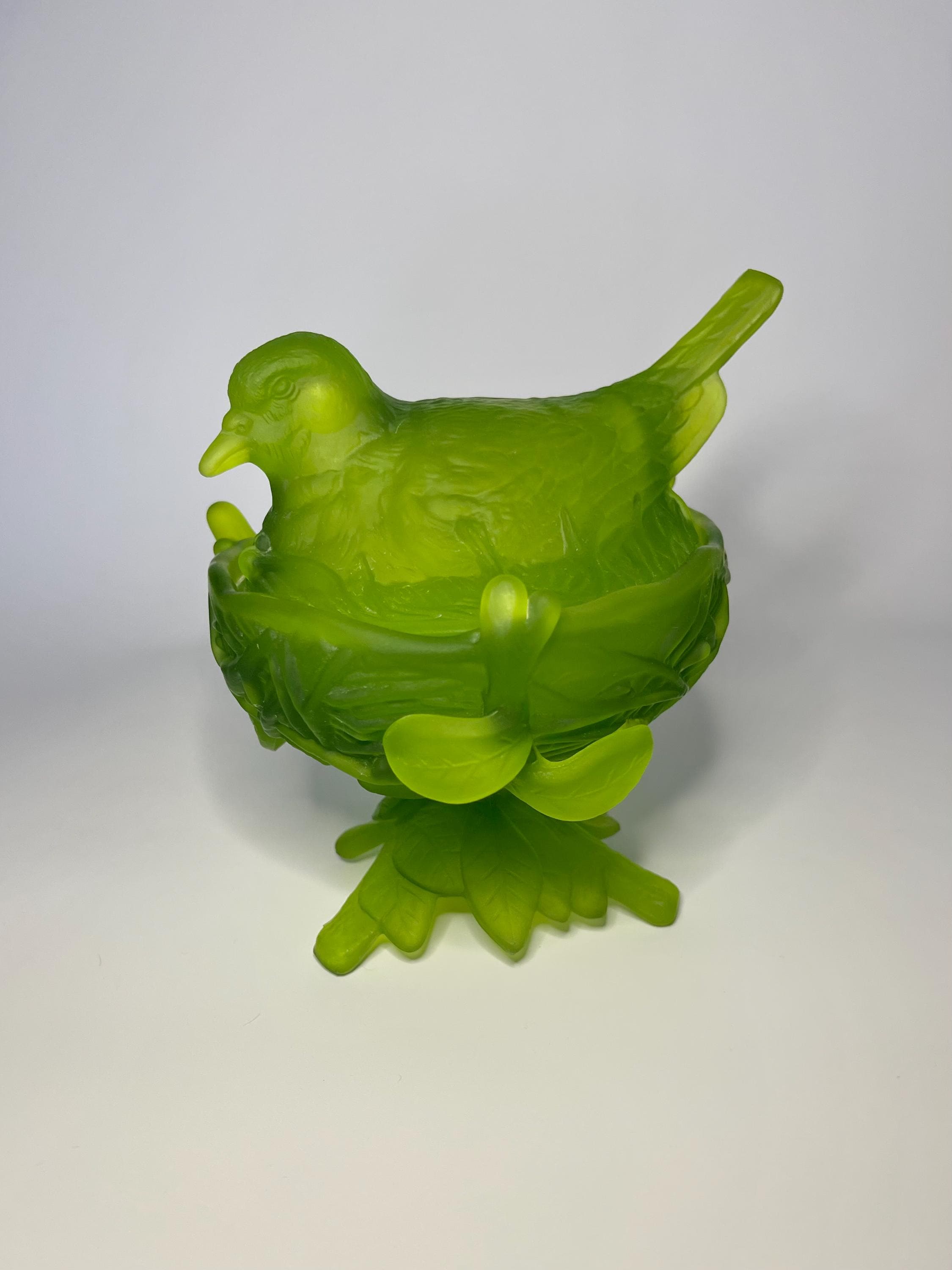 Vintage Westmoreland Green Satin Bird on Nest- Glass Candy Dish