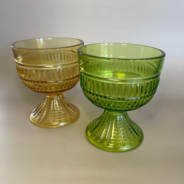 Vintage Green & Amber Glass Compotes- Set of 2- Stemmed Goblet Vases- Pedestal Dish -Candy Dish- Retro 1960s- Mid Century Modern