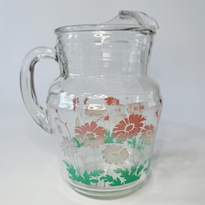 Vintage Glass Pitcher with Pink, White & Green Ombre Daisy Floral Design- Large 84 oz Lemonade, Iced Tea or Cocktail Pitcher- MCM Retro