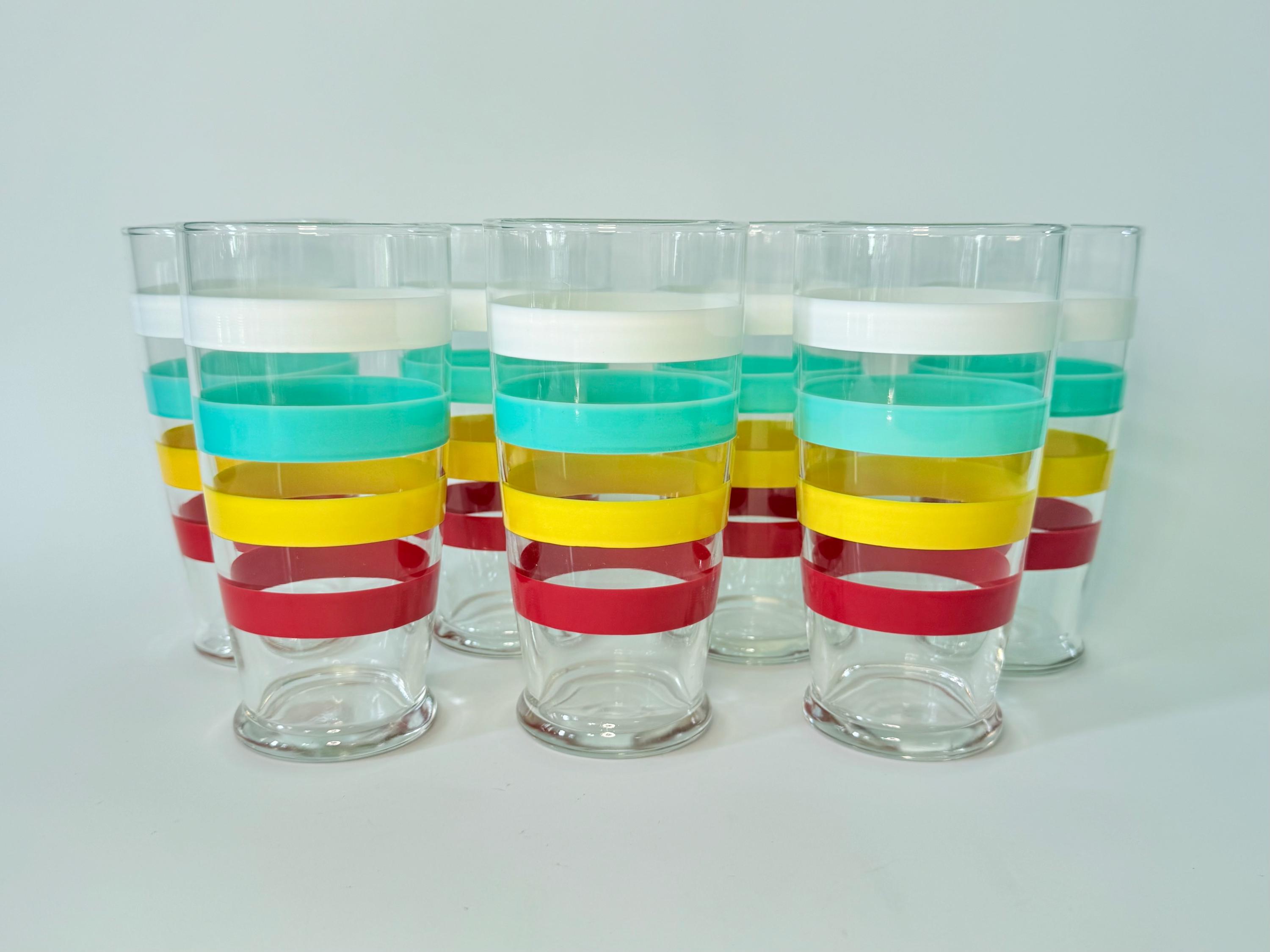 Vintage Fiesta Rainbow Stripe 12 oz. Tumblers- Set of 4 or 5- MCM Glassware- Beer, Lemonade or Iced Tea Glass- Turquoise, Yellow, Red, White