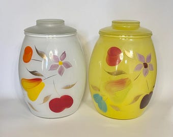 Vintage Bartlett Collins Hand Painted Cookie Jars- White or Yellow- Large Glass Barrel Shape- Fruits & Bloom- Apple, Pear, Plum- MCM Kitchen