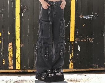 y2k Cargo Denim Jeans met bandjes - Cargobroek - Gestapelde jeans - Jeans met wijde pijpen - 2000's kleding, streetwear, grunge, gothic, alt fashion