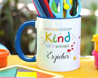 OM3® Éducateur Avec Tasse En Forme De Cœur - Idée Cadeau - Tasse En Céramique - 325 Ml - Imprimé Des Deux Côtés - Bleu