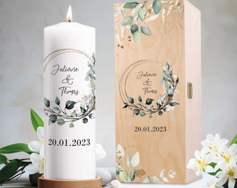 Personalisierte Traukerze - Floral Kreis - Personalisiert mit Namen & Datum - Geschenk zur Hochzeit - Hochwertige Stumpenkerze