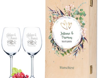Gravierte Weingläser inkl bedruckter Holzkiste im Set - Flower Wedding - Personalisiert mit Namen Datum & Wunschtext - Geschenk zur Hochzeit