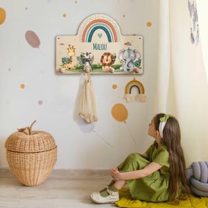 Personalisierte Kinder Garderobe - Safari Tiere - mit Name - Kinderzimmer - Kleiderhaken aus Holz - für Mädchen & Jungen - Kindergarderobe