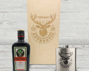 Set regalo di fiaschette personalizzate – acciaio inossidabile con incisione, incluso Jägermeister e scatola di legno – regalo per uomo, fidanzato, matrimonio