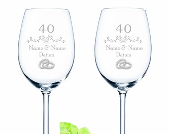 Set of 2 wine glasses with engraving - Ruby wedding - 40 years - Personalized with name and date - Anniversary gifts