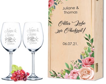 2x gravierte Weingläser inkl. bedruckter Holzkiste - Pink Rose - Personalisiert mit Namen und Datum - Geschenk zur Hochzeit
