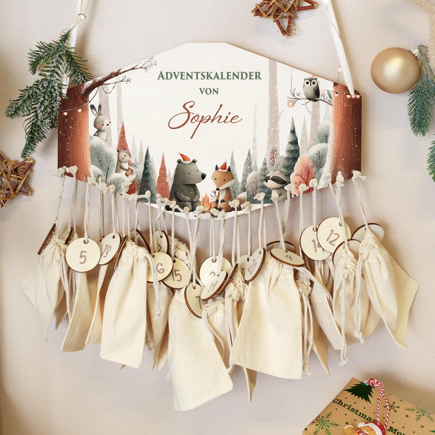 Calendario Dell'Avvento In Legno Personalizzato Con Nome – Fai Da Te Con Sacchetti Iuta, Idea Regalo Natale Sostenibile