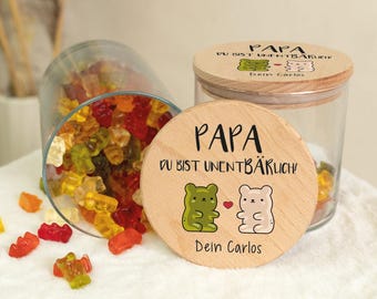 Voorraadpot - Onmisbare Papa - gepersonaliseerd met naam - bedrukt met houten deksel - opbergdoos - voor Vaderdag - koekjestrommel - gummybeertje