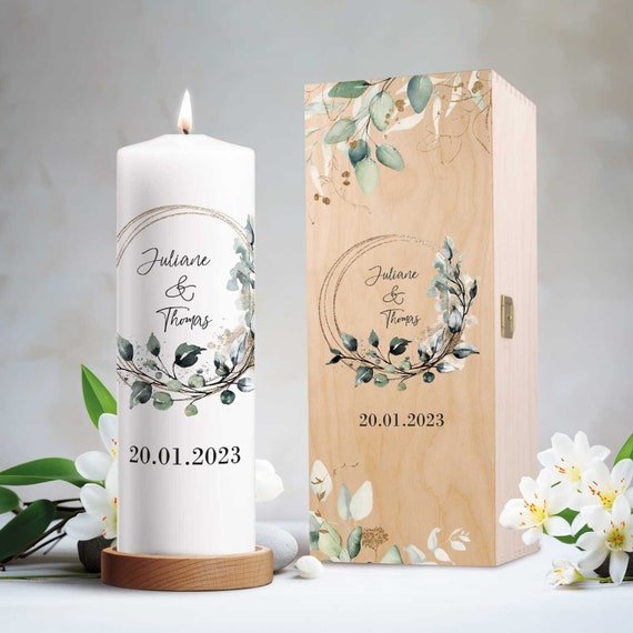 Personalisierte Hochzeitskerze Traukerze - Floral Kreis - Personalisiert mit Namen & Datum - Geschenk zur Hochzeit - Stumpenkerze