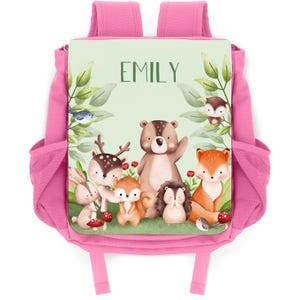 Sac à dos enfant animaux de la forêt rose – personnalisé avec nom, sac à dos garderie, cadeau pour inscription à l'école, maternelle, communion, cadeau de baptême