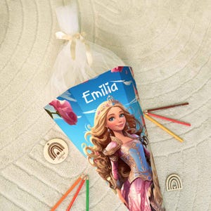 Cône scolaire imprimé - Princesse - Personnalisé avec nom - Cadeau pour la scolarisation - Cône de bonbons hexagonal pour garçons et filles