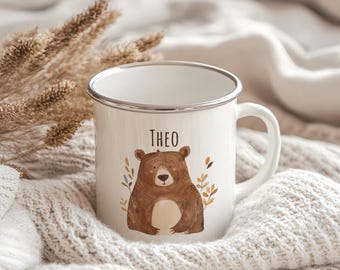 Tazza smaltata - animali della foresta - personalizzata con nome - regalo per l'inizio della scuola, compleanno - per bambini - iscrizione scolastica - tazza - tazza per bambini