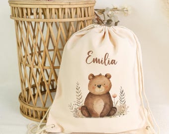 Personalisierter Turnbeutel mit Kindermotiv - Waldtier - Sportbeutel mit Name - Jute Beutel Sporttasche - Wechselkleidung - Schule - Kinder
