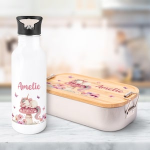 Ensemble gourde et boîte à lunch imprimées - Licorne endormie - Personnalisé avec nom - avec couvercle - Cadeau de rentrée scolaire - Garçons et filles