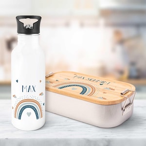 Coffret gourde et boîte à lunch imprimés - Bleu arc-en-ciel - Personnalisé avec nom - avec couvercle - Cadeau de rentrée scolaire - Garçons et filles