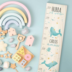 Metro per bambini - balena - personalizzabile con nome e data - in legno - regalo di nascita - bambine e bambini - asilo nido - compleanno