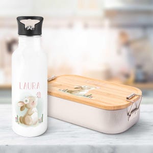 Ensemble gourde et boîte à lunch imprimées - lapin - personnalisé avec nom - avec couvercle - cadeau pour la scolarisation - pour garçons et filles