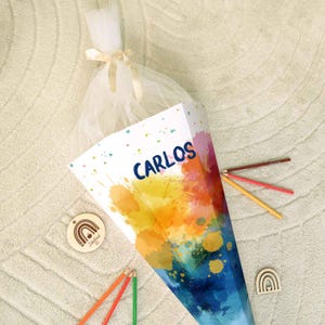 Cône scolaire imprimé - Color Splash - Personnalisé avec nom - Cadeau pour la scolarisation - Cône de bonbons hexagonal pour garçons et filles