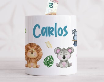 Spardose für Kinder mit Namen personalisiert - Safari Design -  Motiv Tiere - Personalisiertes Geschenk für Familie & Freunde zum Geburtstag