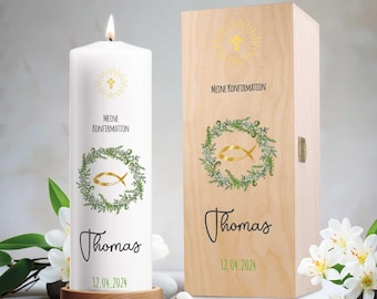 Bougie de confirmation personnalisée - Couronne de branches de sapin - Cadeau de confirmation avec nom et date - Imprimé - pour filles et garçons