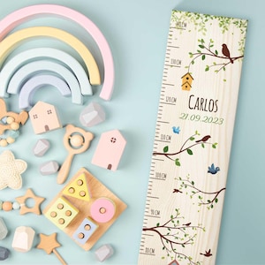 Groeimeter voor kinderen - vogels - gepersonaliseerd met naam en datum - van hout - cadeau voor geboorte - voor meisjes en jongens - kinderkamer