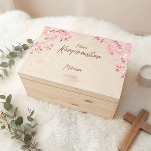 Erinnerungskiste personalisiert mit Name & Datum - Kirschblüten - Holzkiste - Erinnerungsbox Taufe, Kommunion, Konfirmation - Geschenkbox