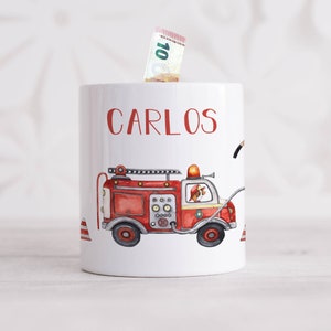 Spardose für Kinder mit Namen personalisiert - Feuerwehr Design - Personalisiertes Geschenk für Jungen & Mädchen - zum Geburtstag