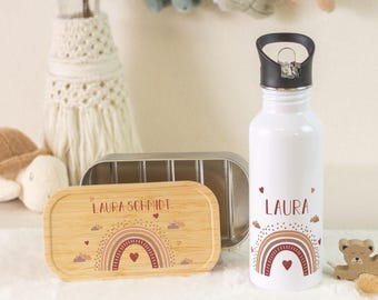 Printed Water Bottle & Lunch Box Set - Rainbow Red - Personalized with Name - with Lid - Back to School Gift - Boys and Girls
