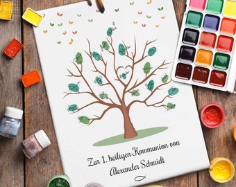 Personalisierte Leinwand zur Kommunion Konfirmation oder Taufe  als Gästebuch - Fingerabdruck - Größe 30 x 40 - ca. 70 Fingerabdrücke