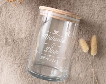 Pot de rangement - Design de mariage - personnalisé avec nom et date - gravé avec couvercle en bois - récipient de rangement - pots de rangement - pot à biscuits