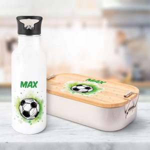 Ensemble gourde et boîte à lunch imprimée - football - personnalisé avec nom - avec couvercle - cadeau pour la scolarisation - pour garçons et filles
