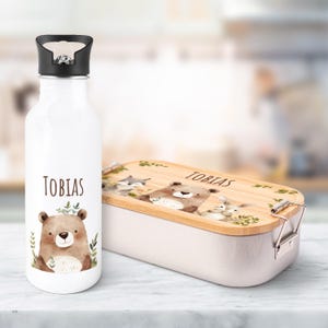 Ensemble gourde et boîte à lunch imprimées - Bear Friends - Personnalisé avec nom - avec couvercle - Cadeau pour la scolarisation - Garçons et filles
